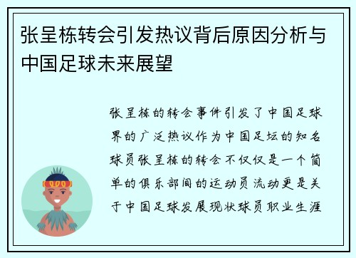 张呈栋转会引发热议背后原因分析与中国足球未来展望