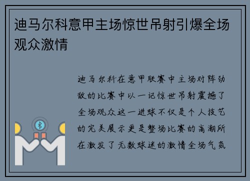 迪马尔科意甲主场惊世吊射引爆全场观众激情