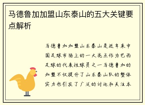 马德鲁加加盟山东泰山的五大关键要点解析