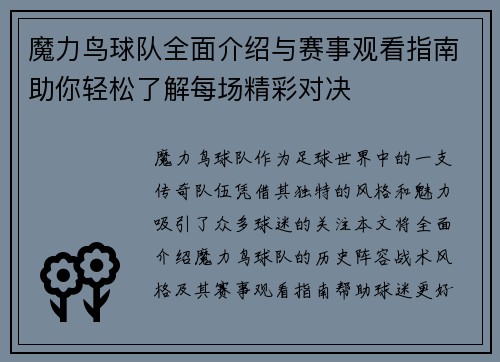 魔力鸟球队全面介绍与赛事观看指南助你轻松了解每场精彩对决
